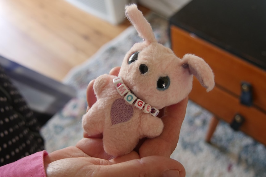 Close up shot of a small toy with Imogen on a necklace around its neck.
