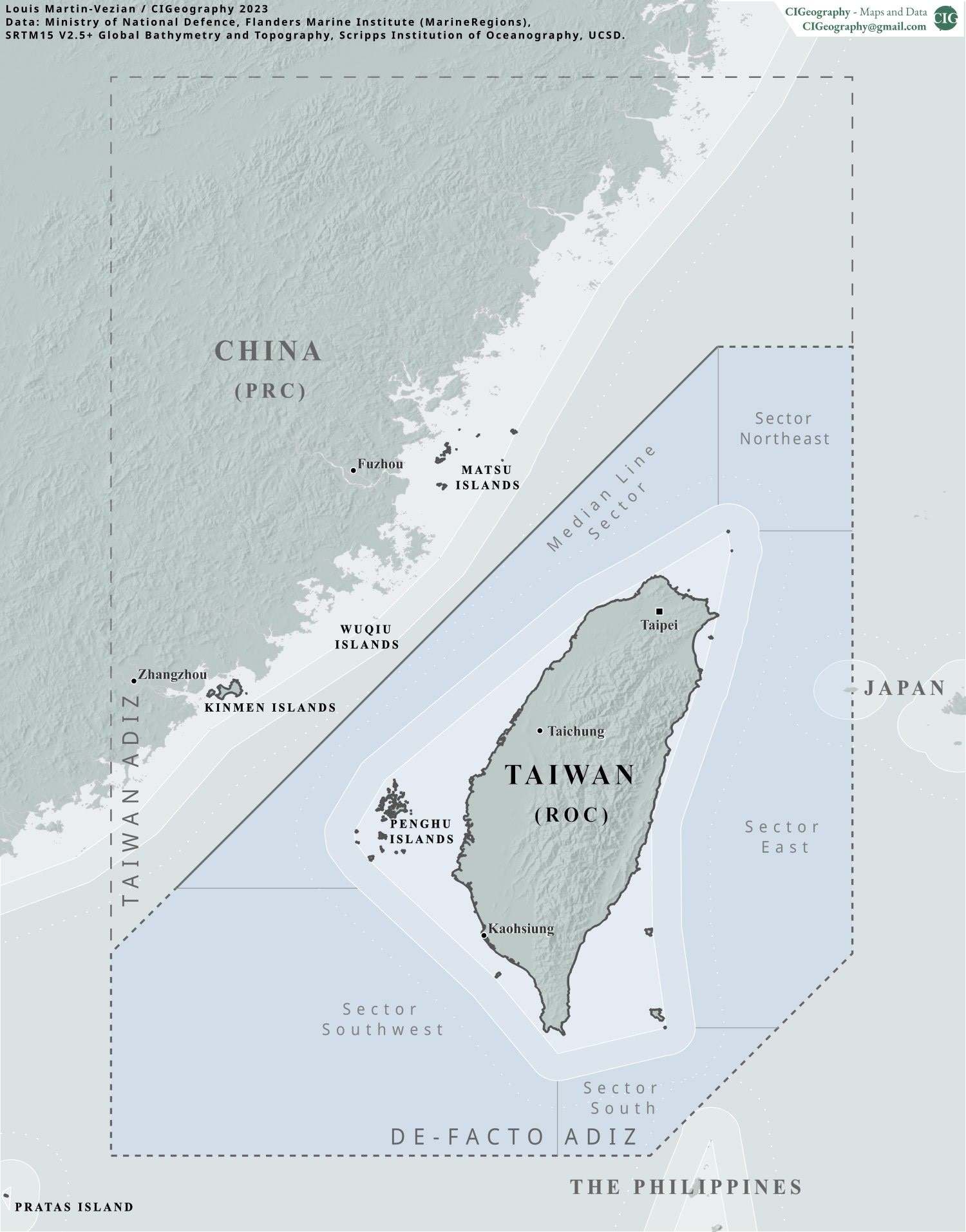 A map of Taiwan shows a dotted line extending around the island and over parts of south-eastern China, with shaded sections