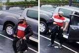 Two blurry images of a man wearing a red shirt, a black face mask and a messenger cap stepping out of a grey ute