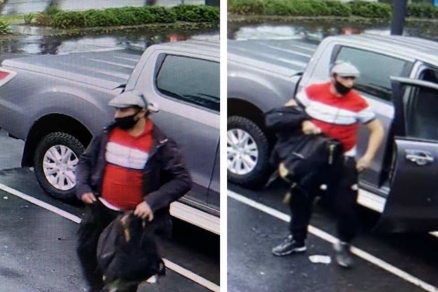 Two blurry images of a man wearing a red shirt, a black face mask and a messenger cap stepping out of a grey ute