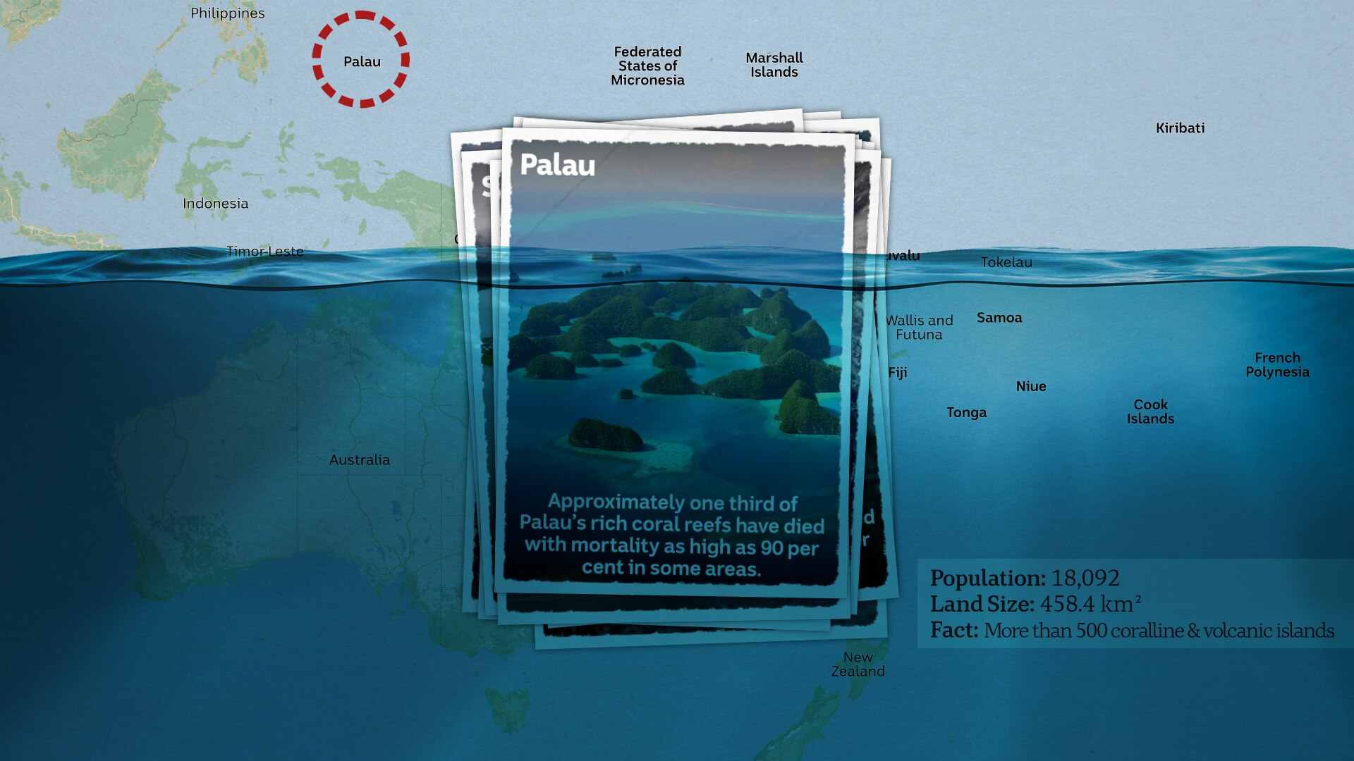 A postcard submerged by water showing an aerial view of Palau.