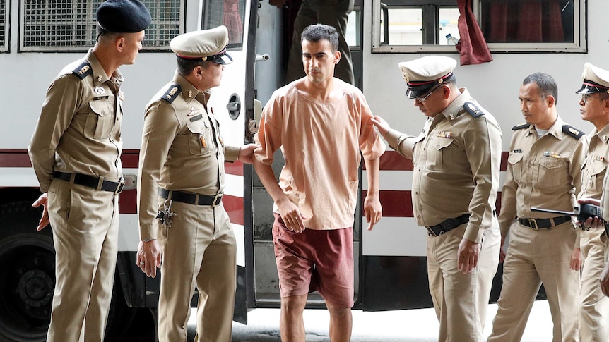 Hakeem al-Araibi arrives at Thailand's Criminal Court to submit his evidence to fight his extradition.