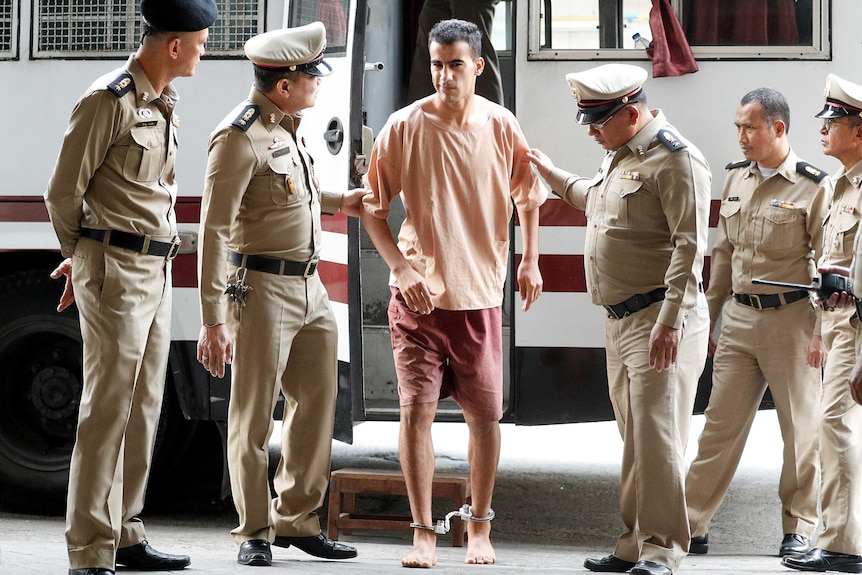 Hakeem al-Araibi arrives at Thailand's Criminal Court to submit his evidence to fight his extradition.