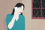 An illustration showing a woman on the phone looking out the window. It's raining outside.