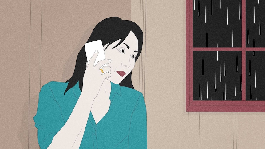 An illustration showing a woman on the phone looking out the window. It's raining outside.