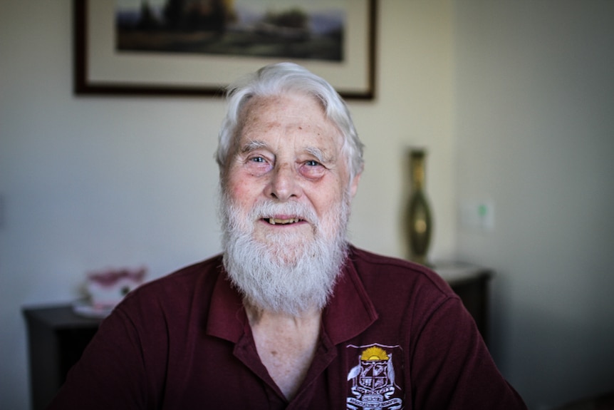 A close up photograph of aged care resident John Malherbe, 88, from Inglewood in central Victoria.