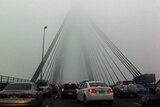 Fog shrouds the Anzac Bridge in Sydney.