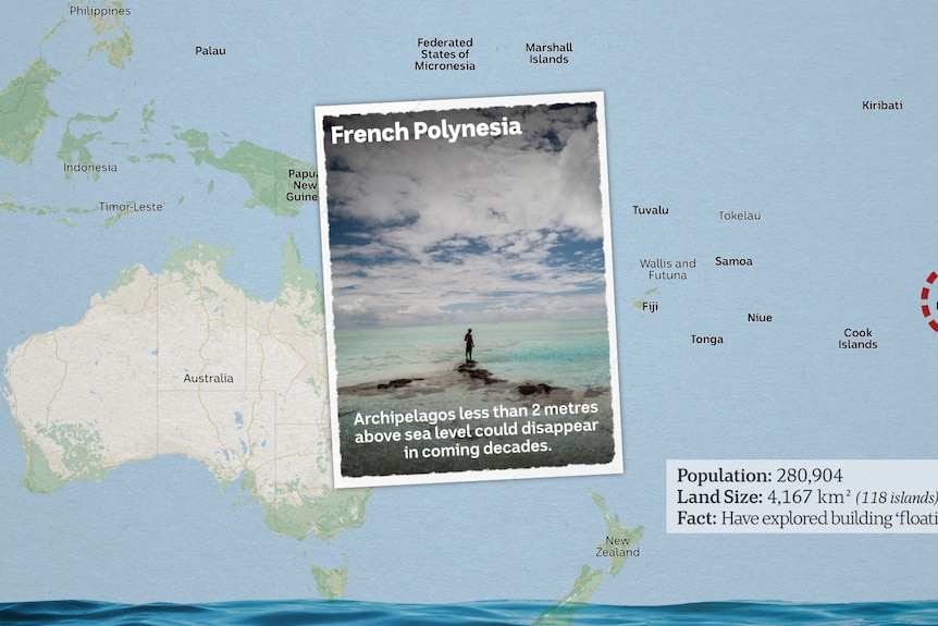 A postcard image of a man standing on an atoll looking out at the see in French Polynesia.