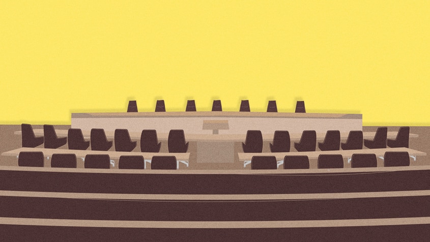 A collage-style illustration of a courtroom.