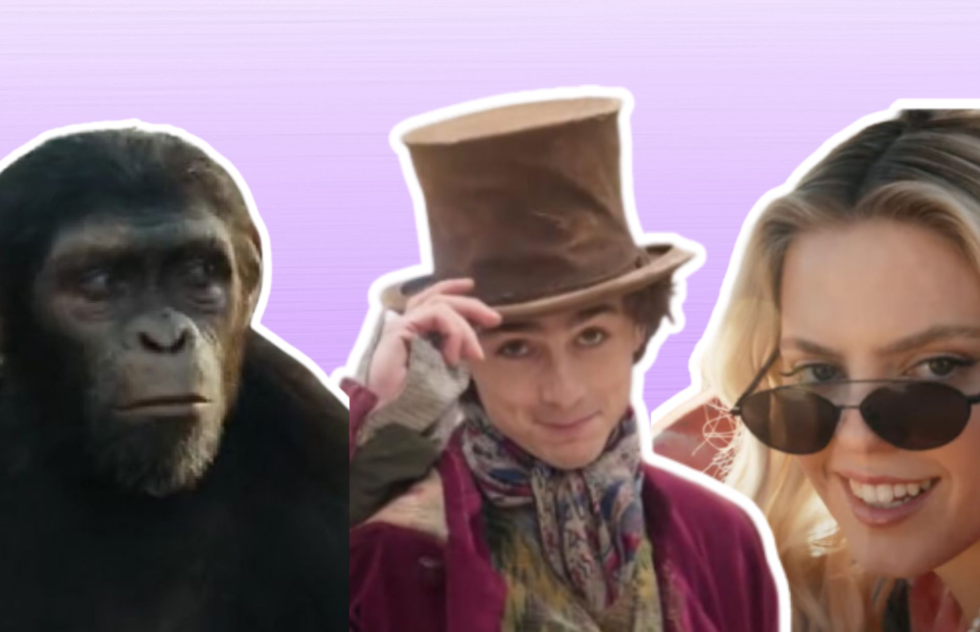 A chimpanzee, next to a man in a hat and a woman wearing sunglasses.