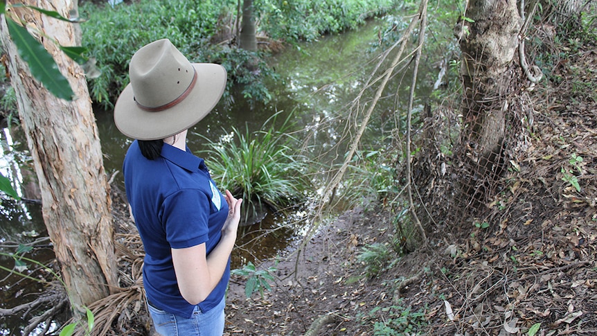 A woman in a blue shirt and Akubra hat standing on the banks of a creek surrounded by trees, shrubs and grasses.