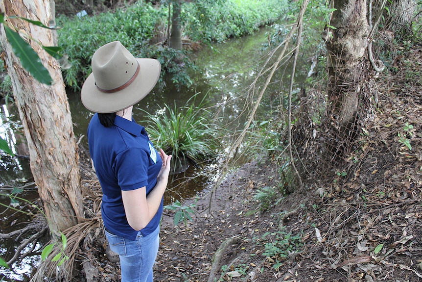 A woman in a blue shirt and Akubra hat standing on the banks of a creek surrounded by trees, shrubs and grasses.