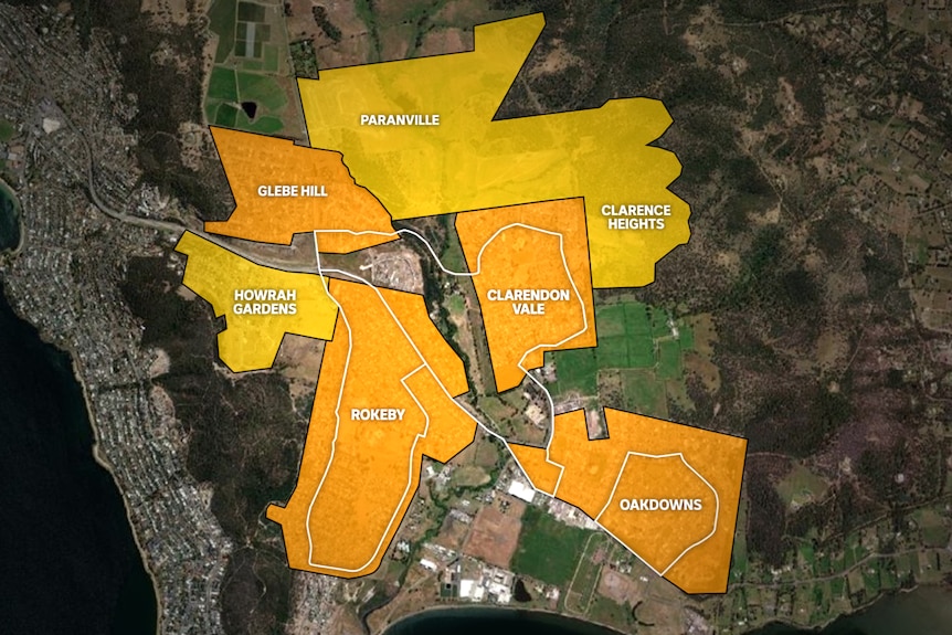 A graphic aerial map marking out areas of new development in orange and yellow.