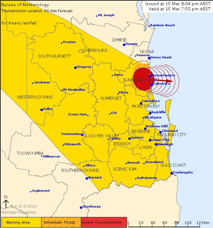 BOM storm tracking map for south-east Queensland on Friday, March 15, 2019