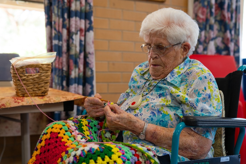 Grace Munro Centre resident Trig Cox knitting