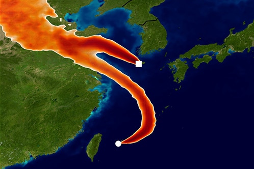 Simulation of movement of CFC-11 gases from northeastern China to tracking stations in Gosan and Hateruma