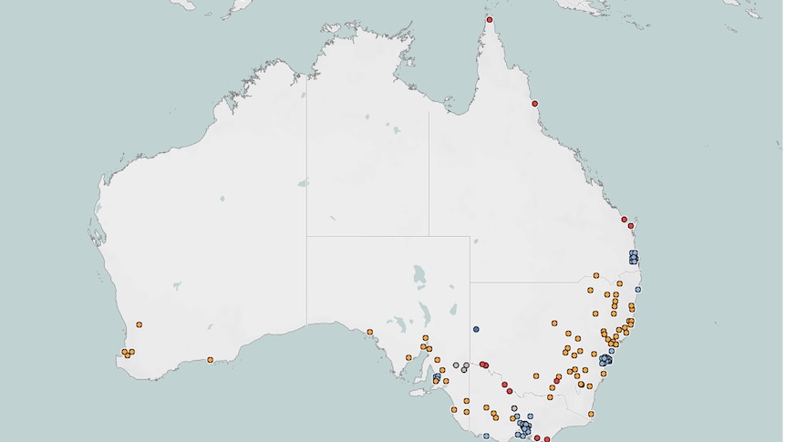 Map of Australia with dots where newsrooms have closed, decreased service or merged.