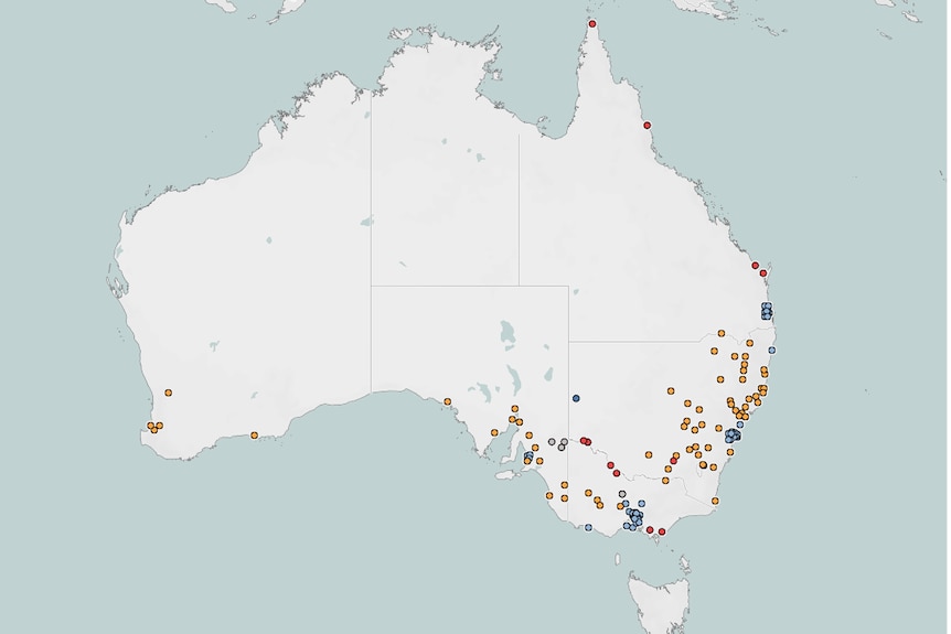 Map of Australia with dots where newsrooms have closed, decreased service or merged.