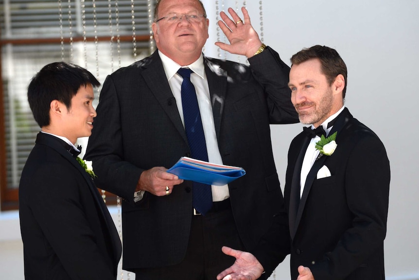 The Reverend Roger Munson performs a same-sex marriage