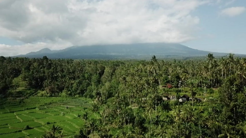 Drone footage shows Mount Agung exclusion zone.
