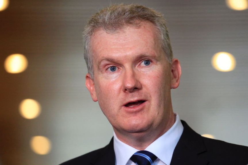 Tony Burke wears a black suit and red tie as he speak to media at Parliament House.