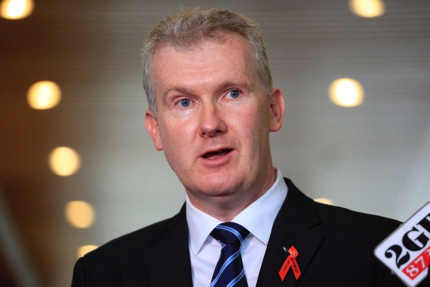 Tony Burke wears a black suit and red tie when addressing the media in Parliament.