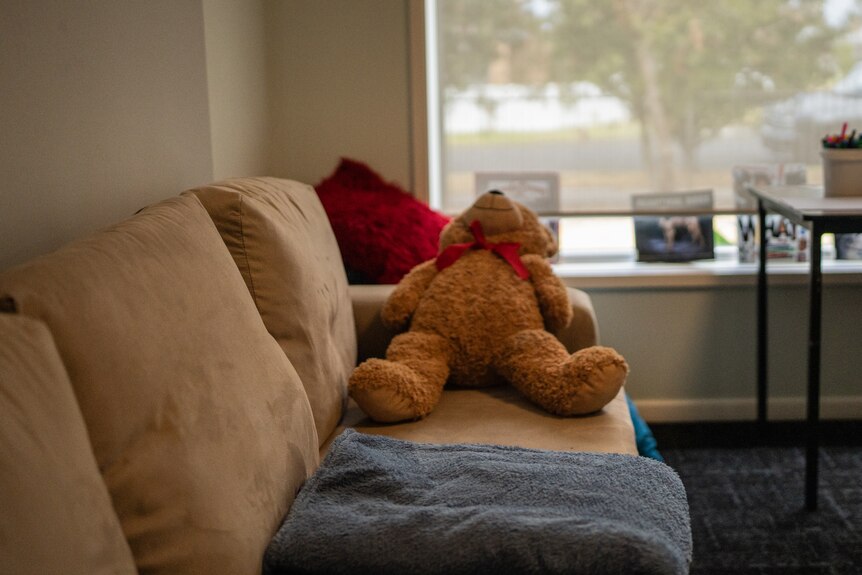 a teddy bear on a couch
