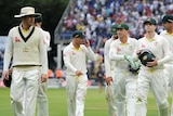 Michael Clarke leads Australia off after day three of the first Ashes Test at Sophia Gardens