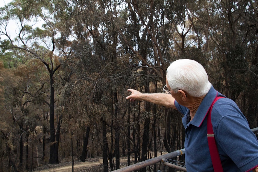 A close up shot of Joe Heaton from behind pointing out at the burnt bush from his deck.