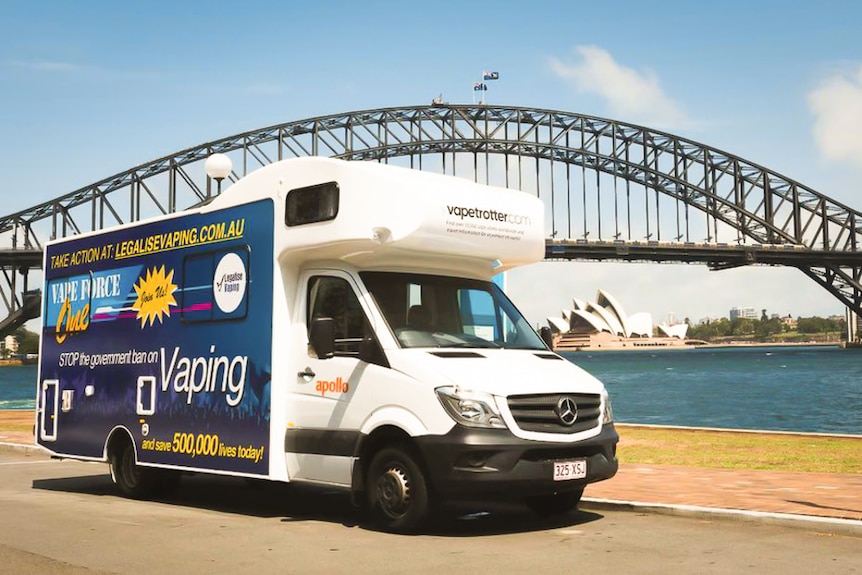 A campaign van to legalise vaping is parked in front of the Sydney Harbour Bridge.