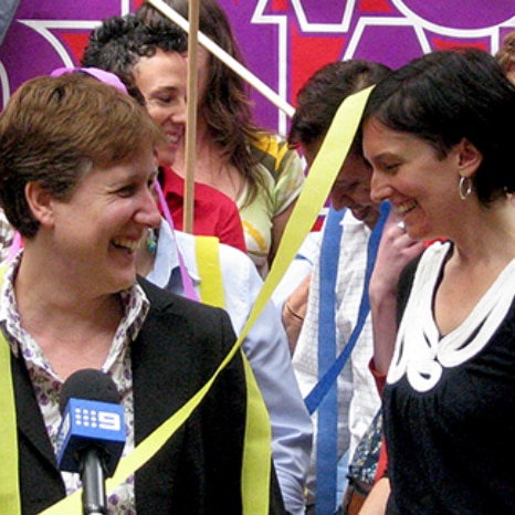 Sally McManus and colleague showered in streamers in their moment of victory.