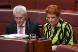 One Nation senators Pauline Hanson and Malcolm Roberts look stern during a Senate debate.