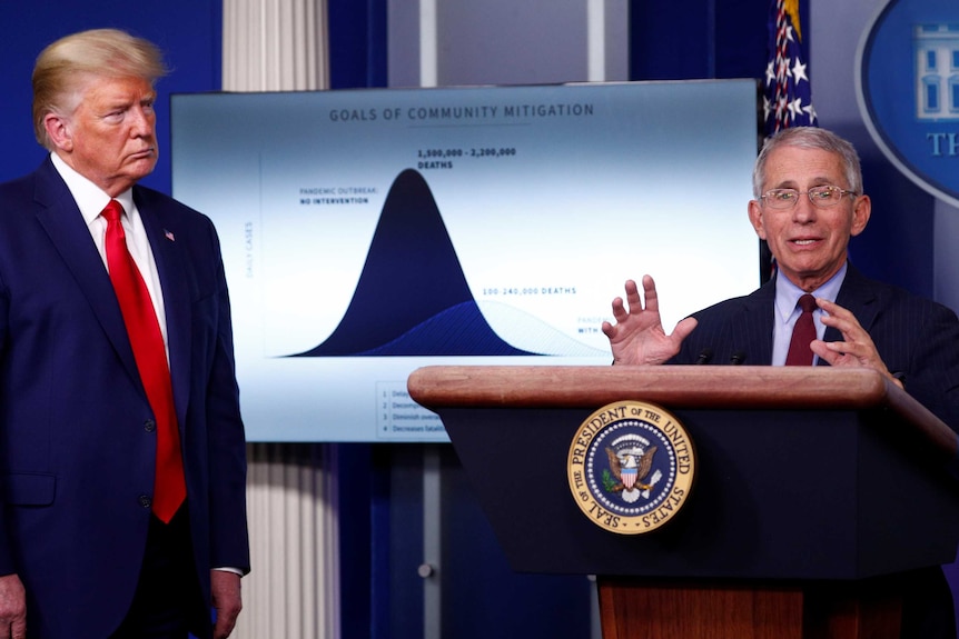 Anthony Fauci speaks in the White House press briefing room while Donald Trump looks on