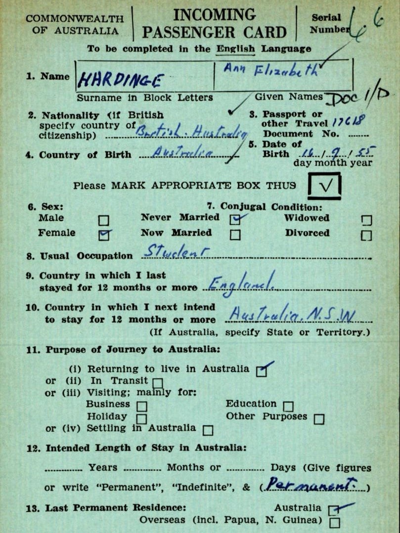 Ann Sudmalis's incoming passenger card, which shows she listed her nationality as British in 1966.