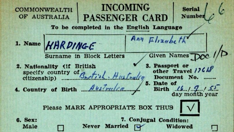 Ann Sudmalis's incoming passenger card, which shows she listed her nationality as British in 1966.