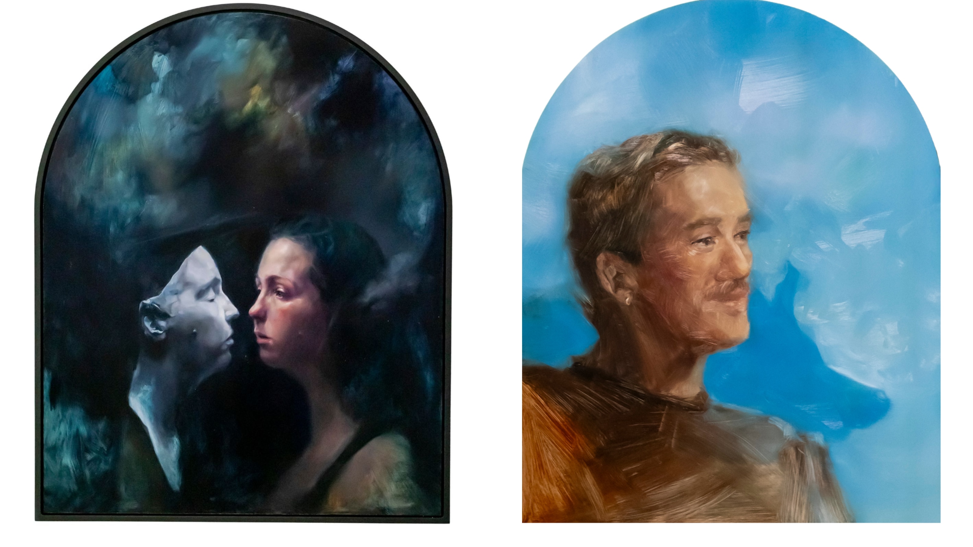 Two arch-shaped paintings, one dark with a woman staring at a ghostly image, the other of Nedd Brockmann and his dog on blue