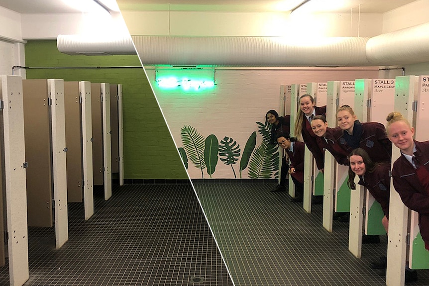 Before and after toilet photos at Cheltenham school in Sydney.