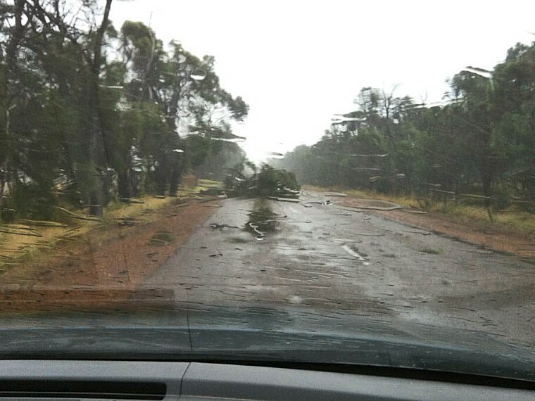 Hazardous road conditions as a storm passes across Eyre Peninsula in South Australia.