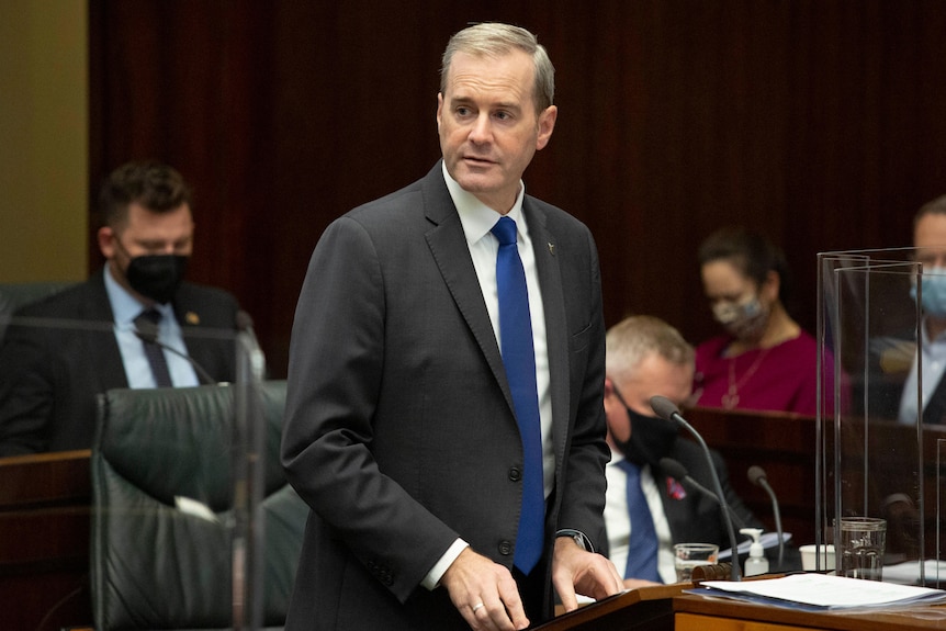 A man in a suit stands to speak to parliament.