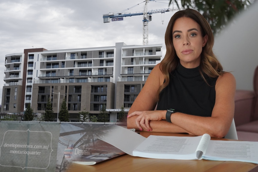 A composite image feature a woman in front of the building development where she has bought an apartment