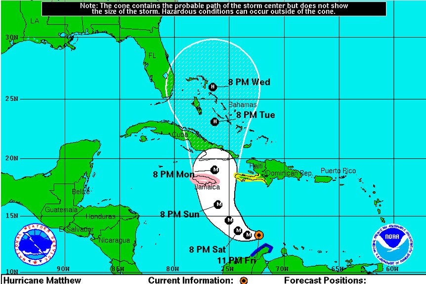 Map showing the probable path of Hurricane Matthew, October 1, 2016.