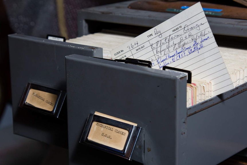 Maintenance filing cards kept in the Sydney Railways clock collection room.