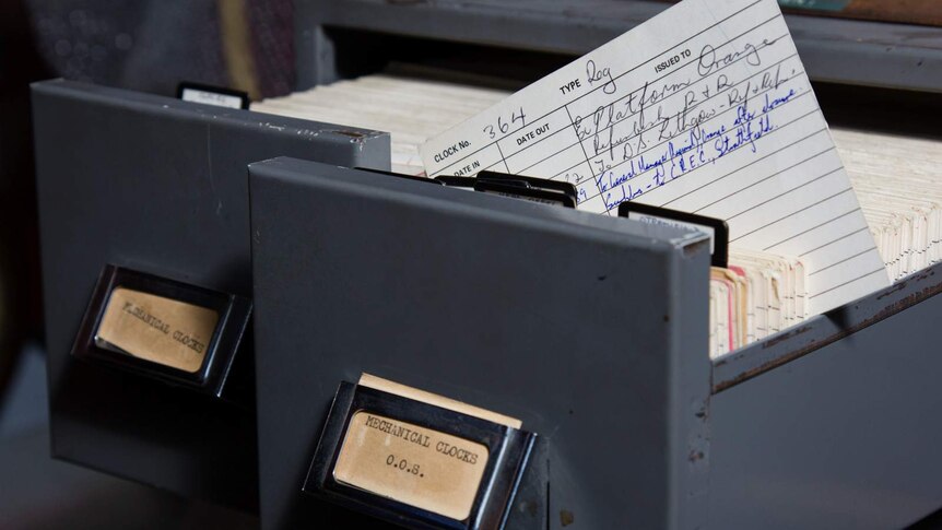 Maintenance filing cards kept in the Sydney Railways clock collection room.