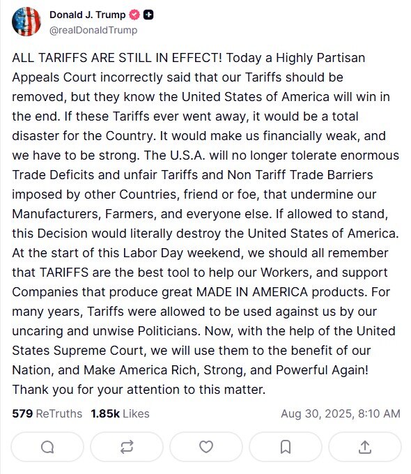 A post on social media from Trump about why tariffs are good for the US economy.