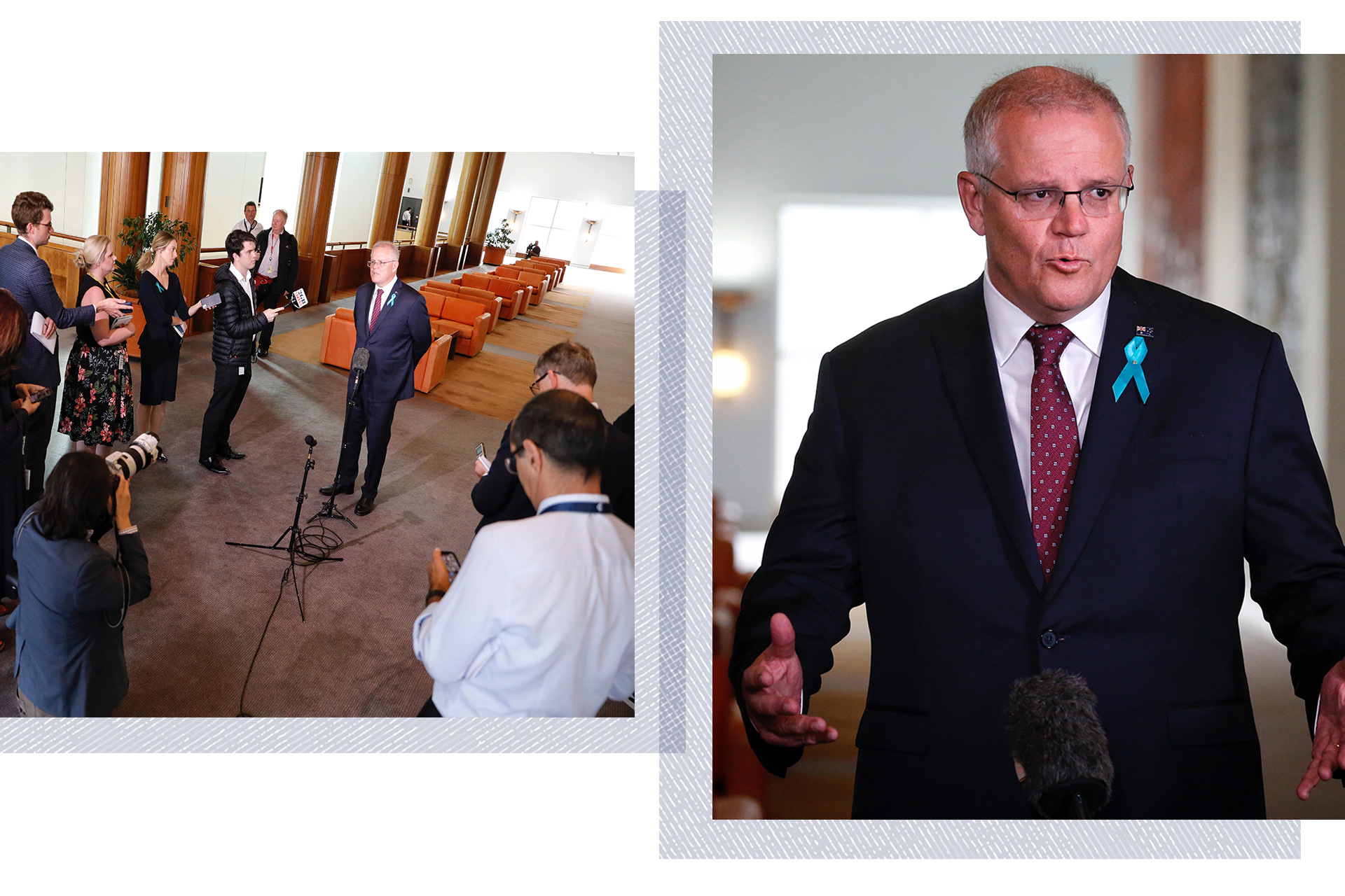 A composite of two images, one wide and one closer, showing Scott Morrison giving a press conference at Parliament House.