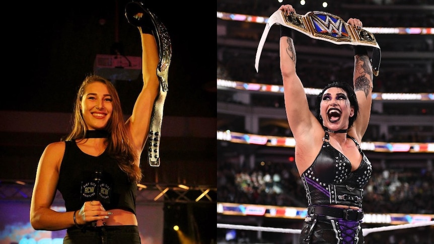 A woman with blonde hair holds a microphone in one hand while holding a championship belt next to herself with WWE championship.