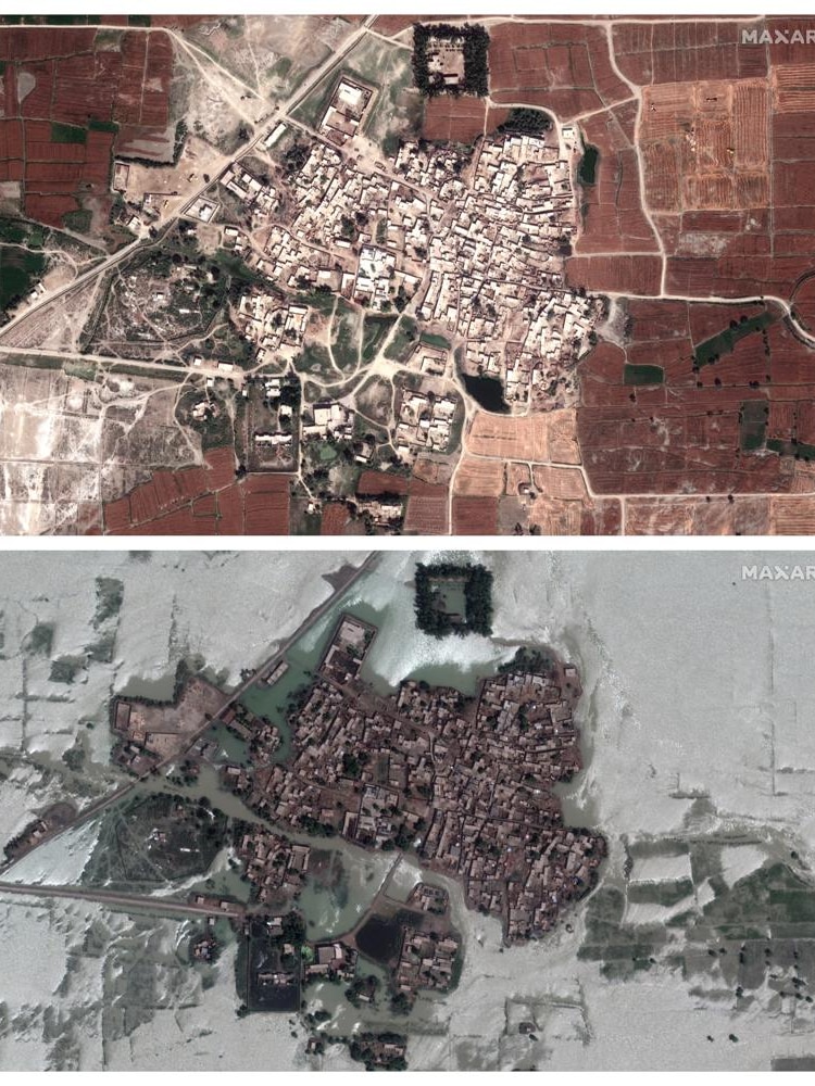 This combination of photos provided by Maxar Technologies shows a village and fields in Rajanpur.