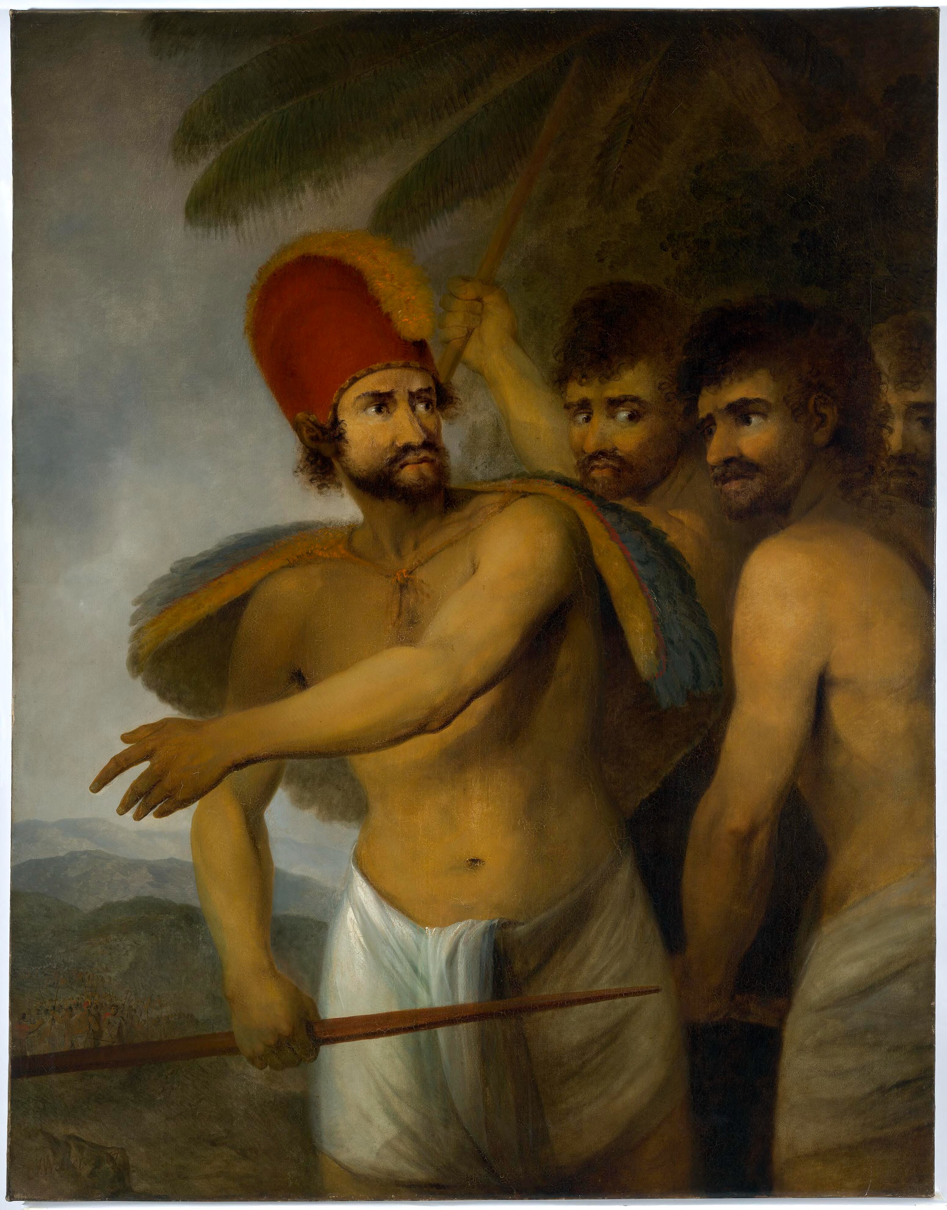Artwork of four men, one of whom is a chief, each with expressions of distrust.