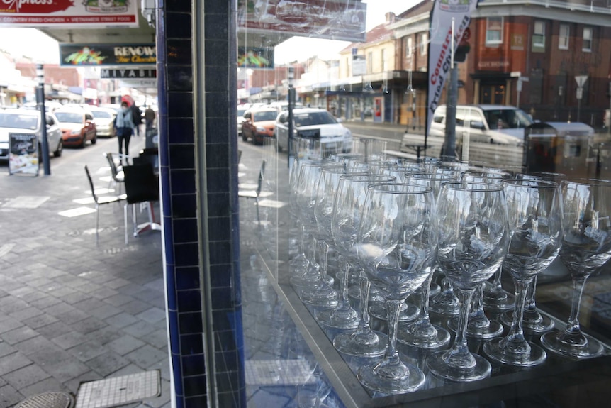 Glasses in restaurant windows.