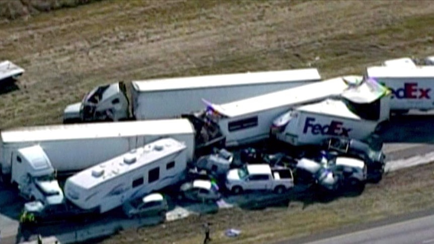 Some of the 80 to 100 vehicles that were involved in a crash on a Texas highway during fog.